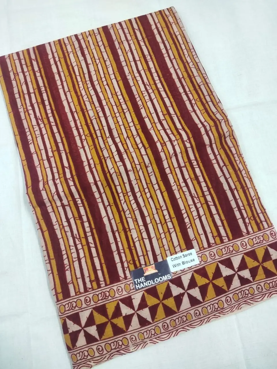 Teal Navy Stripe Geometric Kalamkari Pure Handloom Cotton Saree